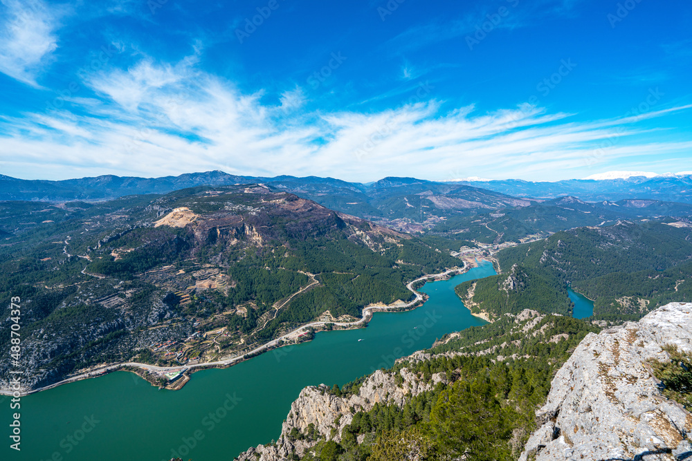 Scenic view of Karacaören dam from Karadağ with  Beautiful mountainous scenery with lots of nature, Burdur, Turkey