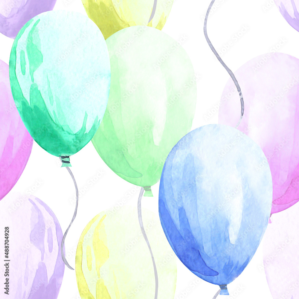 Seamless watercolor pattern with many colorful balloons. Suitable for holiday designs, invitations, cards, decoration of children's things, greetings, paper, packaging, wallpaper and more