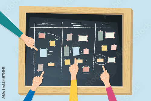 Vector notice board and business planning. Scrum agile board with flat stickers. Schedule on a task. Sticker with the businessman hands.