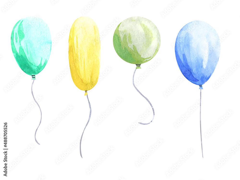 Set with colorful balloons and other elements for holiday designs. All elements are hand-drawn in watercolor and placed on a white background for easy reference. For any of your ideas