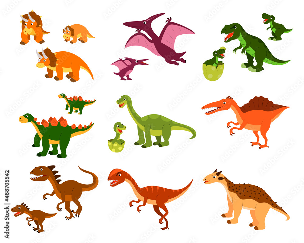 a set of cute cartoon dinosaurs and their children. vector isolated on a white background