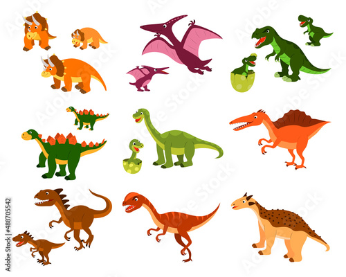 Fototapeta Naklejka Na Ścianę i Meble -  a set of cute cartoon dinosaurs and their children. vector isolated on a white background