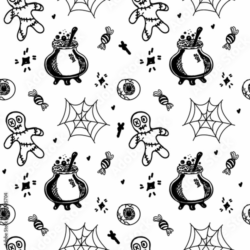 Seamless background with Halloween elements drawn in a doodle style. Poison potions, spider webs, spiders and voodoo dolls. Monogamous Halloween background.