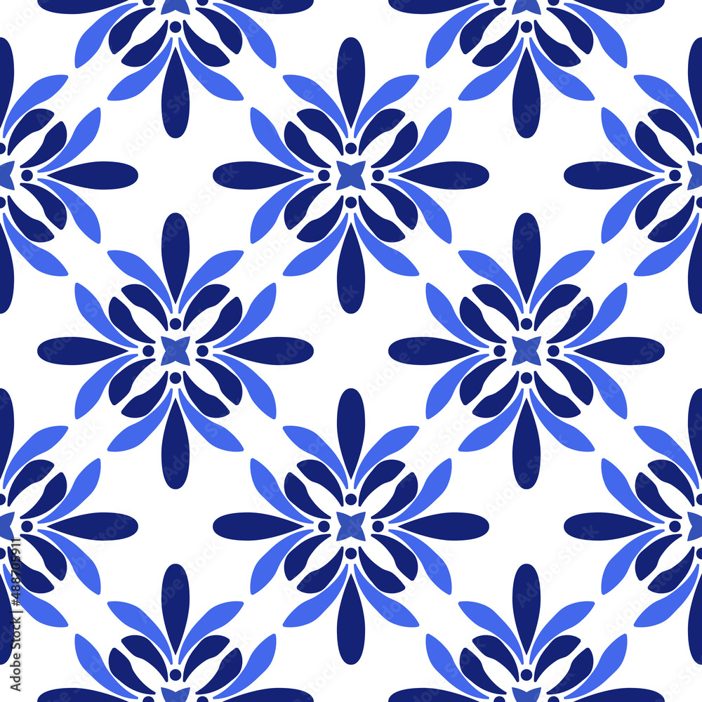 Azulejos portuguese traditional ornamental tile, blue and white seamless pattern Azulejos portuguese traditional ornamental tile, blue and white seamless pattern