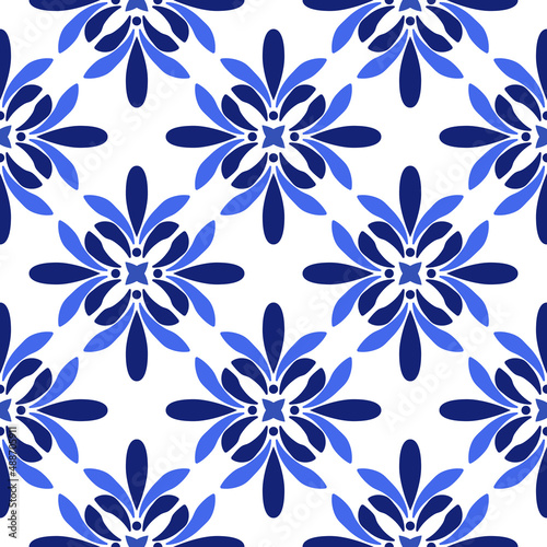 Azulejos portuguese traditional ornamental tile, blue and white seamless pattern
