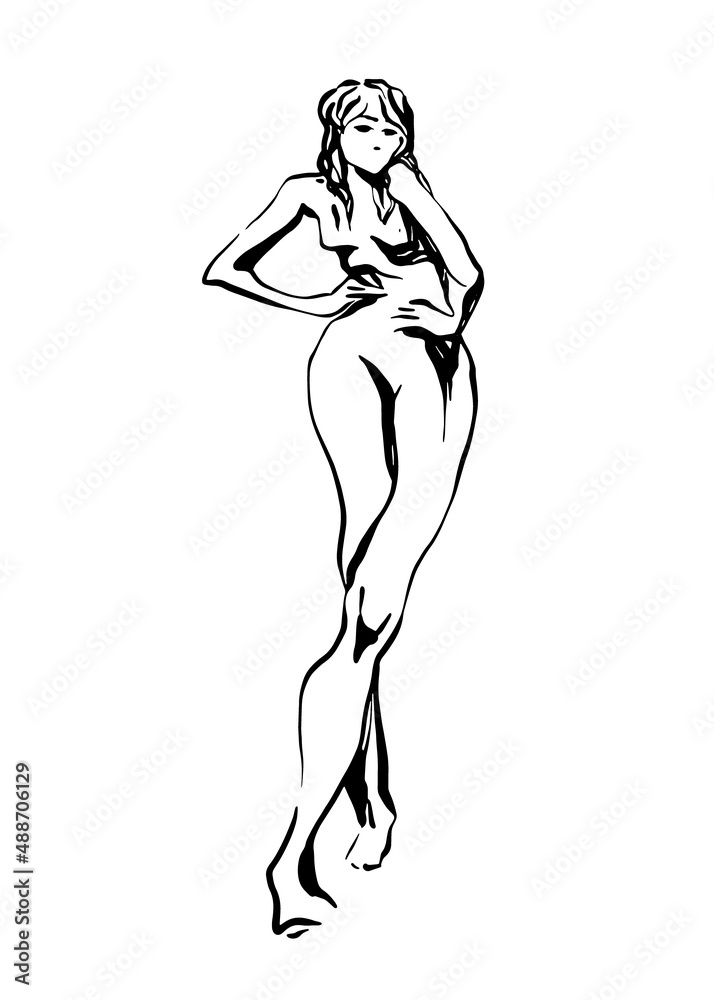 Beautiful sensual nude female beauty. Black and white print sketch art Beautiful sensual nude female beauty. Black and white print sketch art