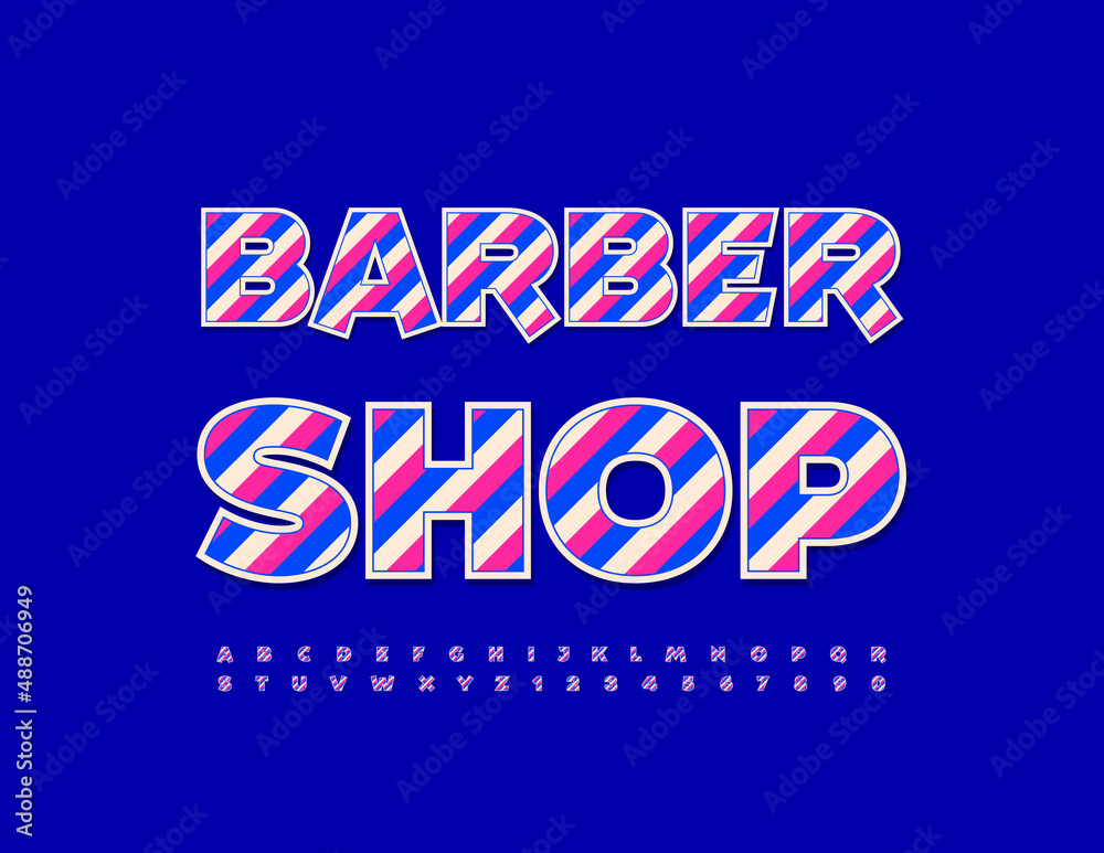 Vector creative Logo Barber Shop Bright Striped Font. Trendy Artistic Alphabet Letters and Numbers