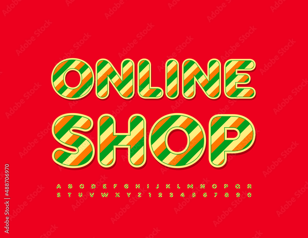 Vector creative logo Online Shop. Bright striped Font. Alphabet Letters and Numbers set with line print
