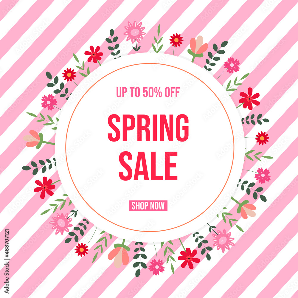 Spring sale up to 50% off decorative background with floral round. Flat vector illustration. Template for promotion, marketing, advertising