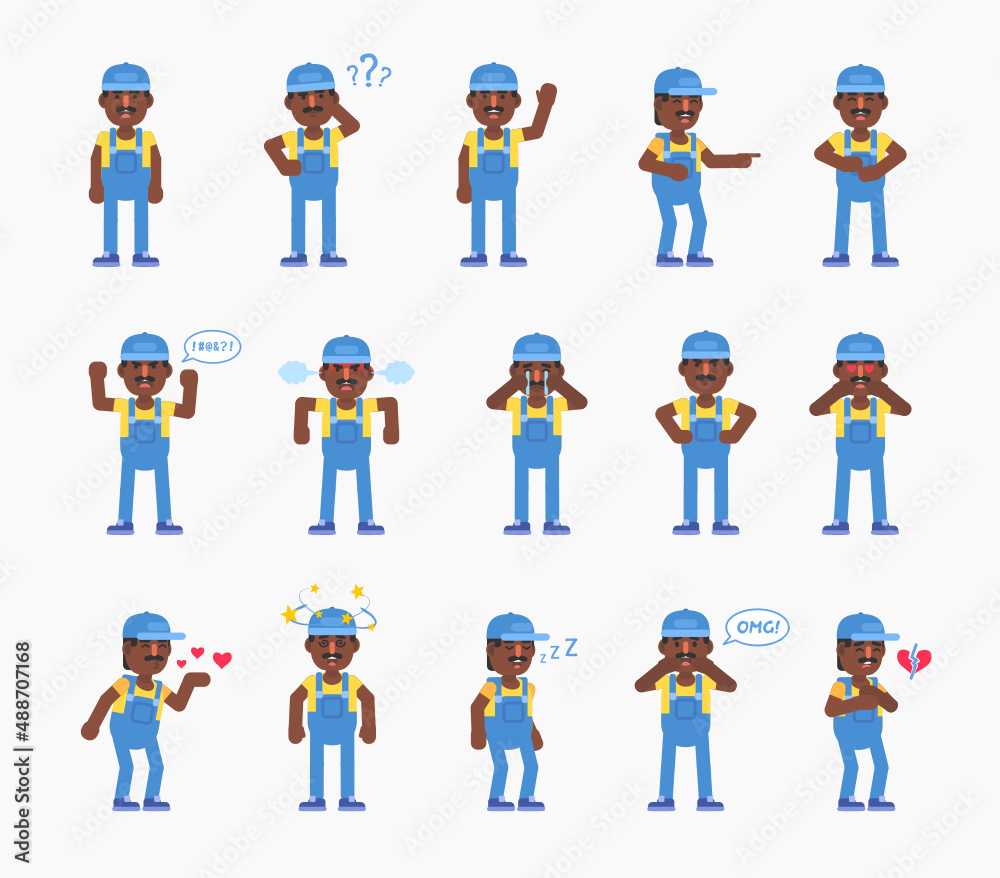 Set of auto mechanic, worker or courier characters showing various emotions. Modern vector illustration