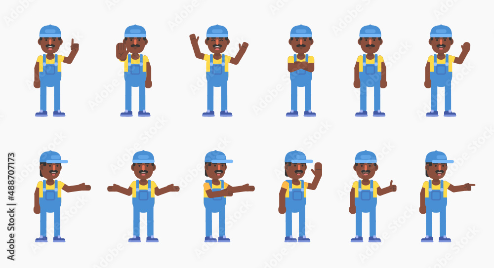 Set of auto mechanic, worker or courier characters showing various hand gestures. Modern vector illustration