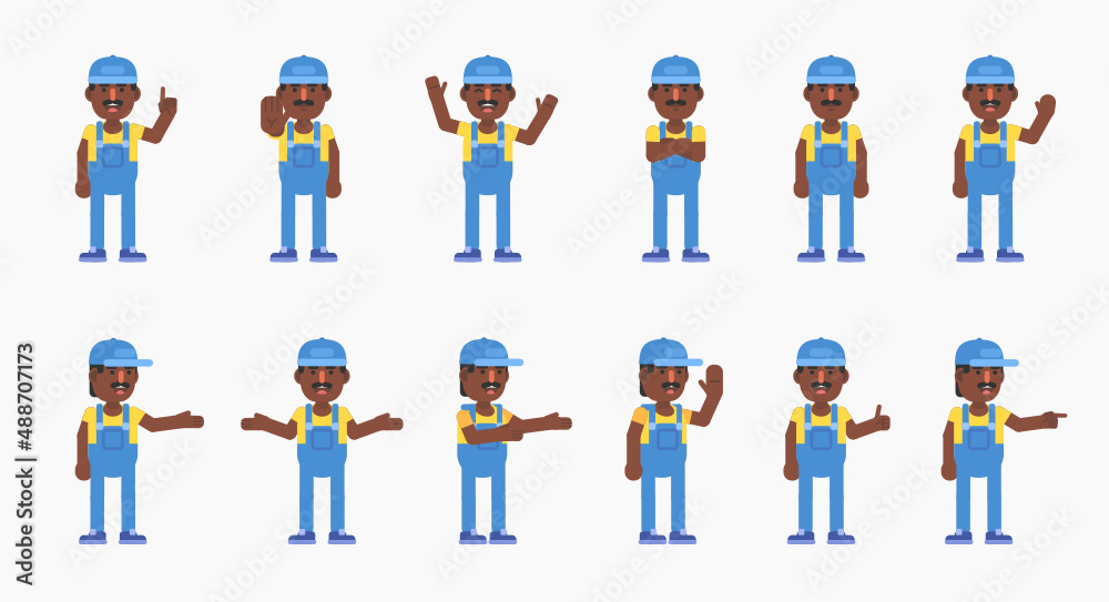 Set of auto mechanic, worker or courier characters showing various hand gestures. Modern vector illustration Set of auto mechanic, worker or courier characters showing various hand gestures. Modern vector illustration
