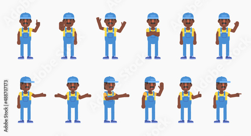 Set of auto mechanic, worker or courier characters showing various hand gestures. Modern vector illustration