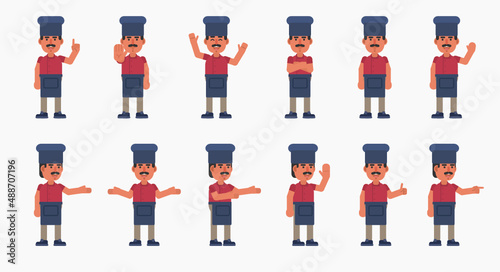 Set of chef cook characters showing various hand gestures. Modern vector illustration