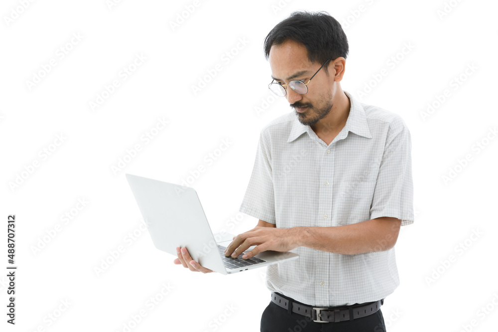 Isolated closeup cutout studio shot of Asian satisfied excited bearded and frontal baldness male businessman holding laptop computer and fist up when job achievement succeed on white background Isolated closeup cutout studio shot of Asian satisfied excited bearded and frontal baldness male businessman holding laptop computer and fist up when job achievement succeed on white background