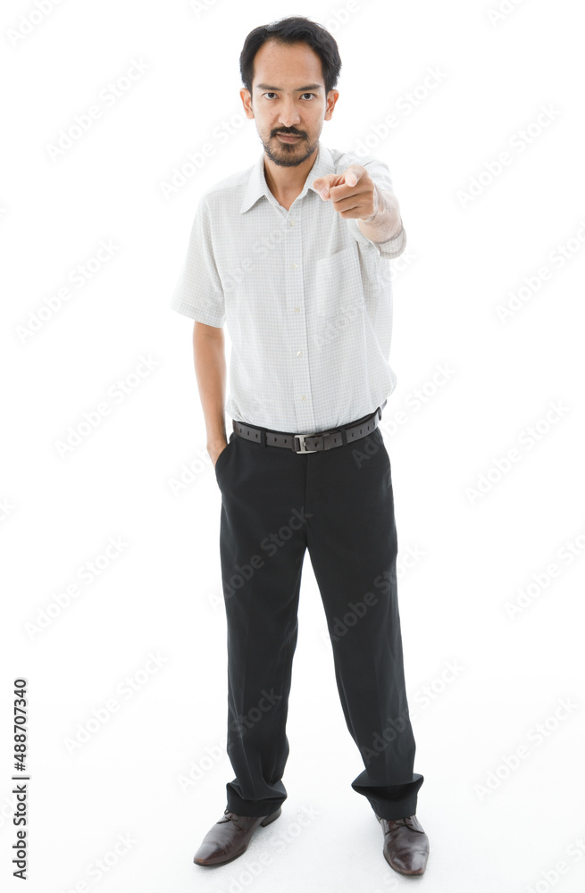 Portrait isolated cutout studio shot of Asian happy bearded and frontal baldness male businessman standing smiling look at camera holding hand up on white background. Portrait isolated cutout studio shot of Asian happy bearded and frontal baldness male businessman standing smiling look at camera holding hand up on white background.