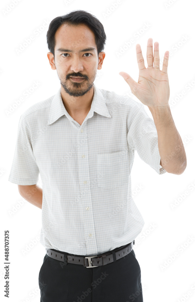 Portrait isolated cutout studio shot of Asian bearded and frontal baldness male businessman standing smiling look at camera holding hand up showing five fingers on white background Portrait isolated cutout studio shot of Asian bearded and frontal baldness male businessman standing smiling look at camera holding hand up showing five fingers on white background