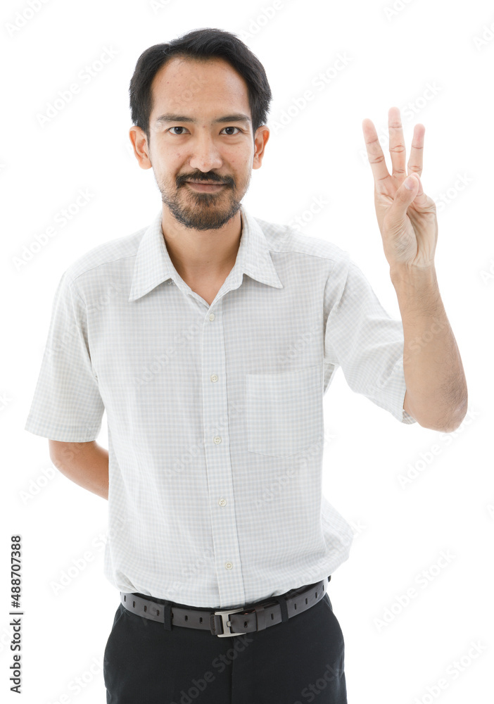 Portrait isolated cutout studio shot of Asian bearded and frontal baldness male businessman standing smiling look at camera holding hand up showing three fingers on white background Portrait isolated cutout studio shot of Asian bearded and frontal baldness male businessman standing smiling look at camera holding hand up showing three fingers on white background