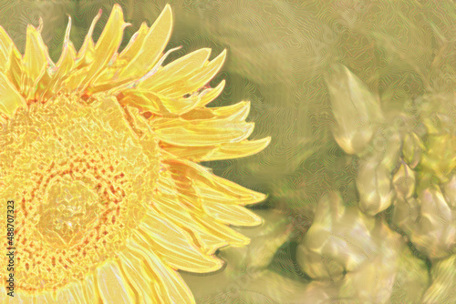 Sparkling sunflower in a field in mother-of-pearl warm colors. Stylization of ethereal waves of beauty of rural plant. Narrow focus, macro, copy space. photo