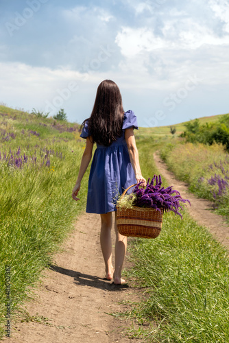 Young brunette in blue dress holds basket of sage in her hands and goes into the distance along the road. Close-up. Selective focus.