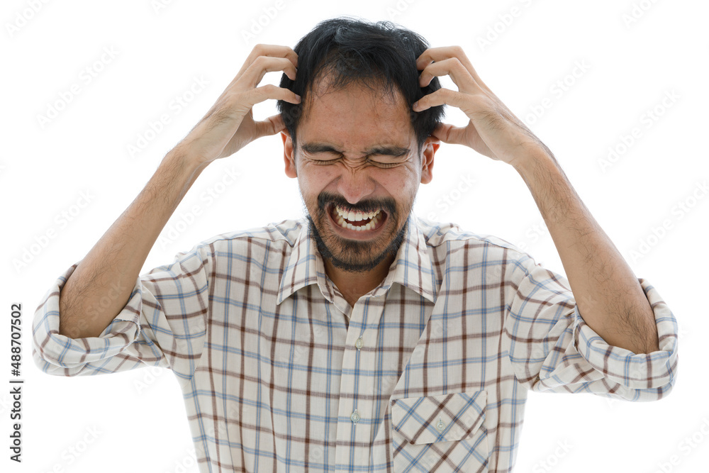 Isolated cutout studio shot of Asian upset tortured sick middle aged male model casual outfit standing holding hand at painful left chest having emergency urgency heart attack on white background Isolated cutout studio shot of Asian upset tortured sick middle aged male model casual outfit standing holding hand at painful left chest having emergency urgency heart attack on white background