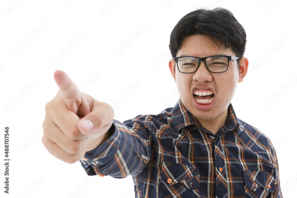 Portrait isolated cutout closeup studio shot of Asian upset angry mad stressed male entrepreneur boss businessman in casual plaid shirt shouting screaming pointing at camera on white background