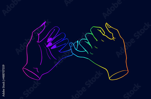 Pinky promise. Rainbow outline of a pair of hands. Vector illustration of a friendly swearing gesture. Hands on a dark background.