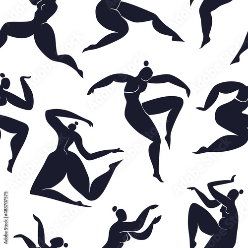 Fototapeta Naklejka Na Ścianę i Meble -  Seamless pattern inspired by Matisse with dancing abstract women. Black on white background vector illustration. Dance of Diverse Women.