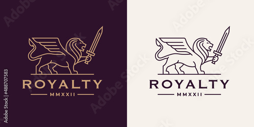Royal lion wing sword logo. Elegant animal line icon. Heraldic Leo symbol. Heraldry business brand identity concept strength symbol. Vector illustration.