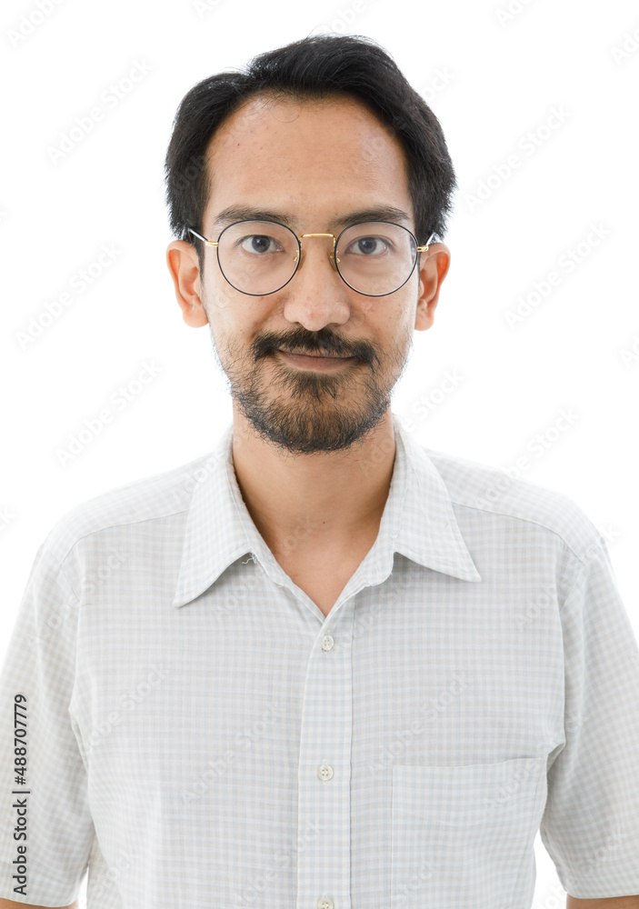 Portrait isolated cutout studio shot of Millennial Asian slim bearded and frontal baldness male businessman in formal outfit and eyeglasses standing look at camera on white background