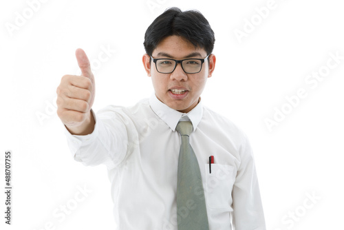 Portrait isolated cutout studio shot of Asian young professional successful male employee businessman in formal business outfit with necktie look at camera on white background.