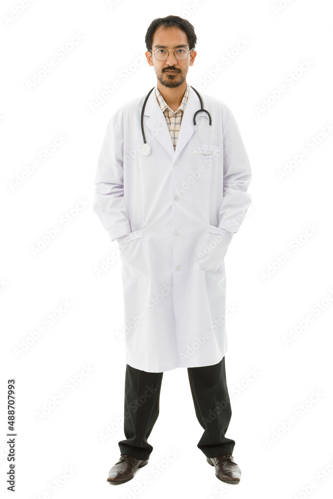 Portrait isolated cutout studio shot Asian middle aged professional successful experienced male doctor in lab coat with stethoscope and eyeglasses standing hold hands in pockets on white background Portrait isolated cutout studio shot Asian middle aged professional successful experienced male doctor in lab coat with stethoscope and eyeglasses standing hold hands in pockets on white background