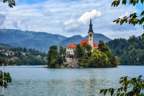 Beautiful Pilgrimage Church of the Assumption of Maria on a small island at Lake Bled (Blejsko Jezero)