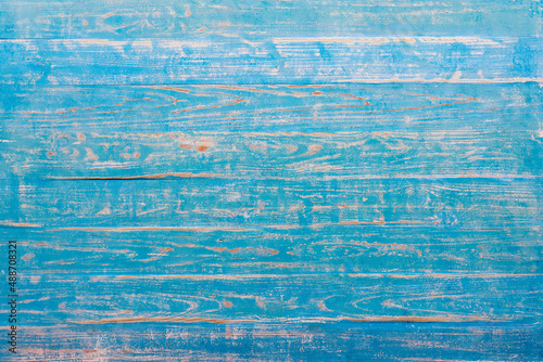 Closeup top view shot of light blue old rough texture aged vintage retro wooden material stripe pattern tabletop board desk background with copy space for text. Floor structure surface wallpaper