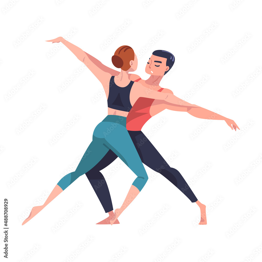 Man and Woman Dancer Moving in Tandem Performing at Choreography Class Vector Illustration