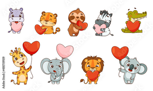 Set kids tropical animals with hearts in their hands. Hippo, lion, elephant, giraffe, crocodile, zebra, sloth, tiger, koala. Vector illustration for designs, prints, patterns. Isolated on white