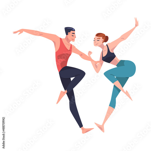 Man and Woman Dancer Moving in Tandem Performing at Choreography Class Vector Illustration