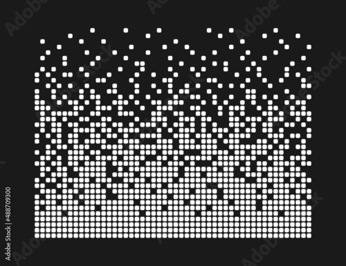 Pixel disintegration background. Decay effect. Dispersed dotted pattern. Concept of disintegration. Abstract pixel mosaic texture with simple square particles. Vector illustration on black background.