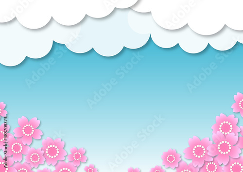 満開の桜と青空　ペーパークラフト風