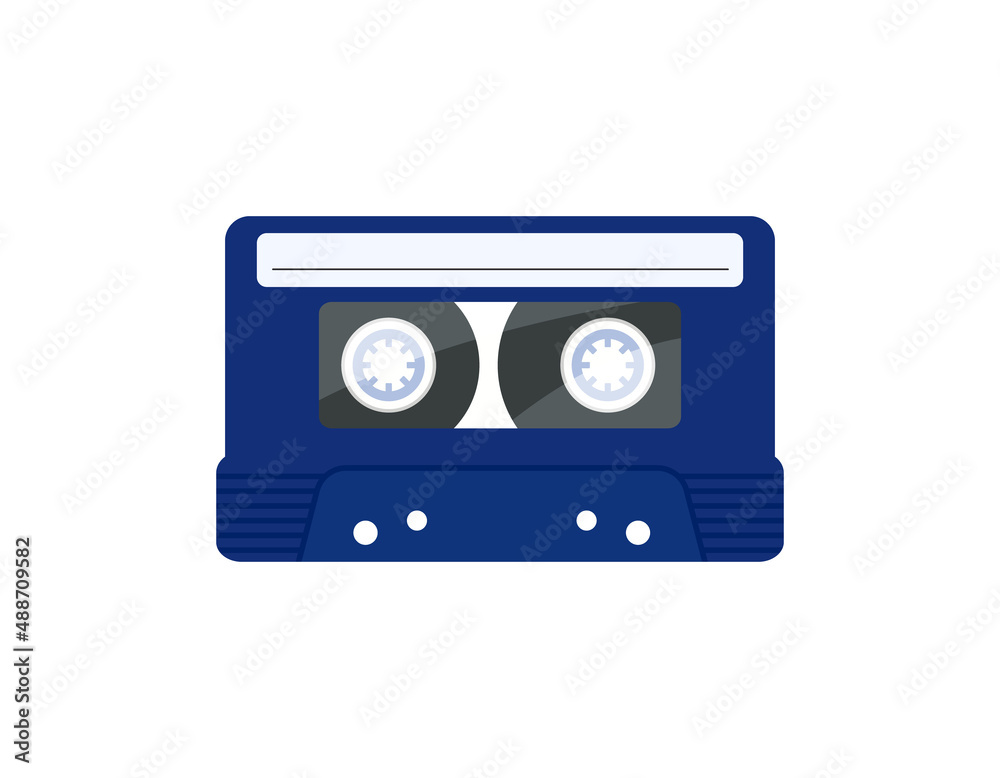 Audio cassette isolated vector object on white background. Blue audiocassette, tape from 80s and 90s. Flat illustration of audiotape