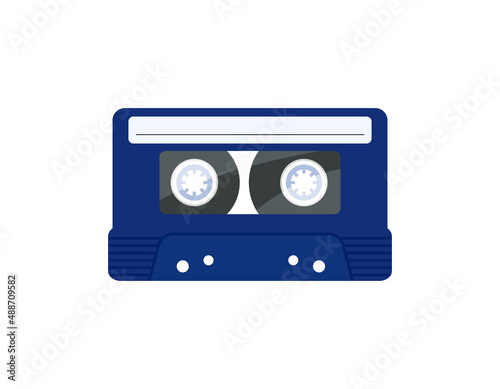 Audio cassette isolated vector object on white background. Blue audiocassette, tape from 80s and 90s. Flat illustration of audiotape