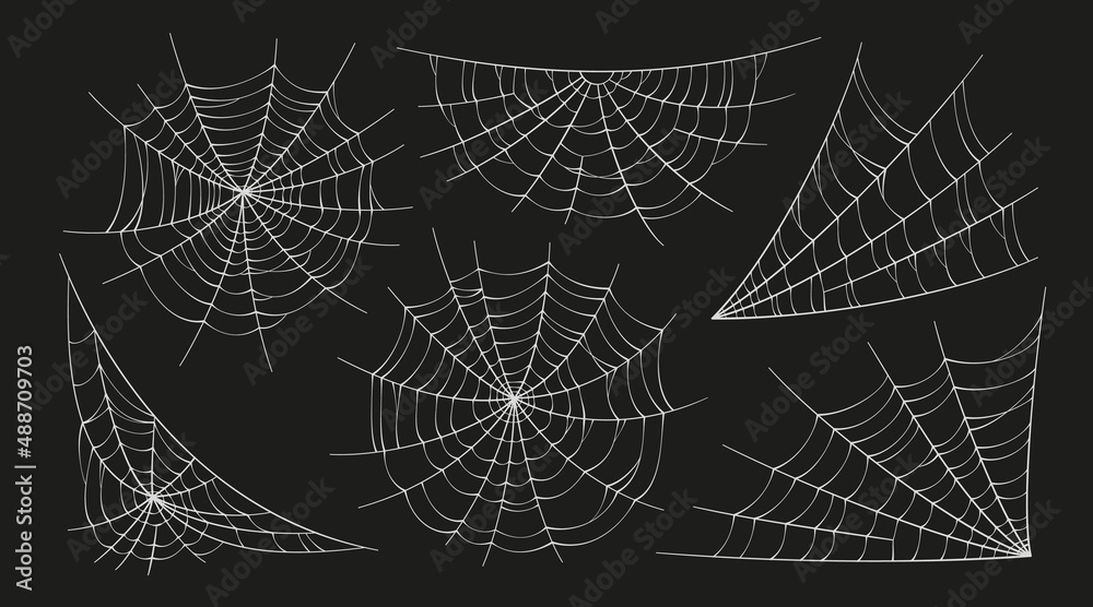 Scary spider webs. White cobweb silhouette isolated on black background. Set of doodle spidewebs. Hand drawn cob webs for Halloween party. Vector illustration.