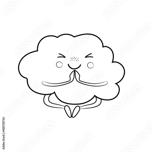 Cute black and white contour-drawn cartoon cloud sitting in the lotus position, doing yoga, relaxed. Cartoon vector illustration. Kawaii, children's isolated vector illustration, sticker. © Mariia Mazaeva