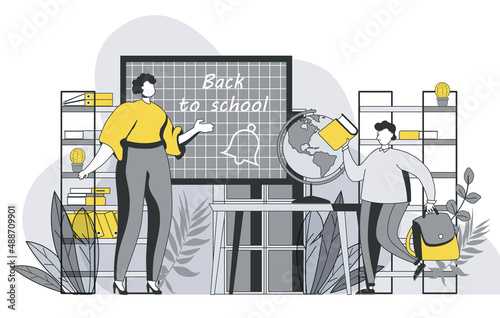 Back to school concept with outline people scene. Pupil holding textbook and goes school and goes to lesson. Teacher welcomes boy in classroom. Vector illustration in flat line design for web template © alexdndz