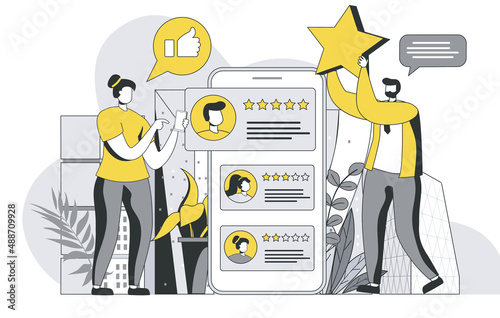 Best feedback concept with outline people scene. Man and woman leave high rating stars and likes. Users write comments about their experience. Vector illustration in flat line design for web template