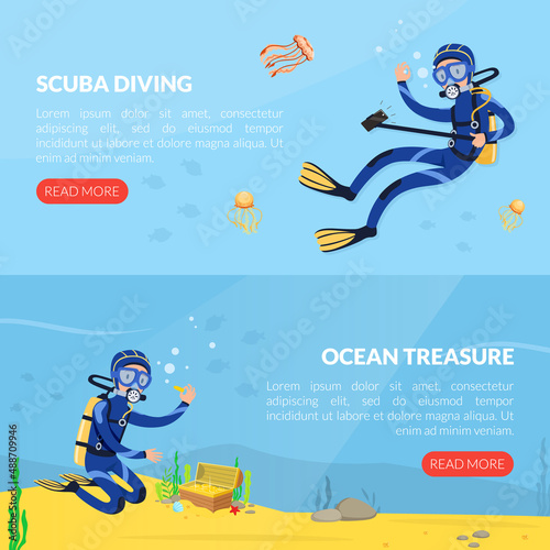 Landing Page with Man Character in Diving Suit and Goggles Swimming Underwater Vector Template