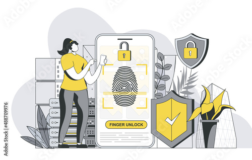 Biometric access control concept with outline people scene. Woman unlocking mobile phone using fingerprint scanner. Personal data protection. Vector illustration in flat line design for web template