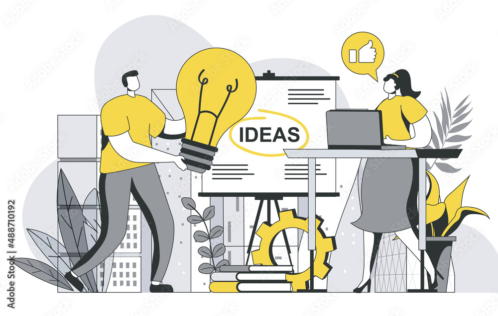 Fototapeta premium Creative agency concept with outline people scene. Team generates creative ideas and brainstorms, develops advertising campaign for business. Vector illustration in flat line design for web template