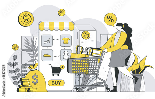 Commerce in mobile app concept with outline people scene. Woman makes purchases, looking discounts and great deals on stores, online payment. Vector illustration in flat line design for web template