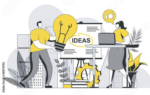 Creative agency concept with outline people scene. Team generates creative ideas and brainstorms, develops advertising campaign for business. Vector illustration in flat line design for web template